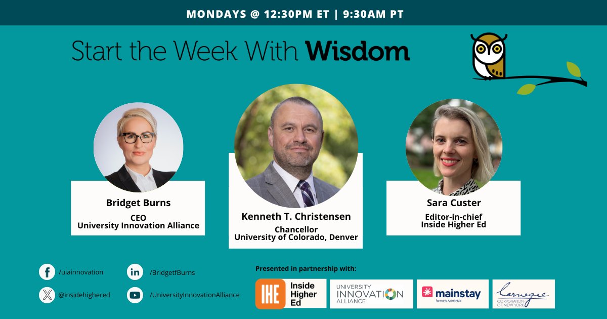 University Innovation Alliance (UIA) (@uiainnovation) on Twitter photo 🔥 STARTING IN 15 MINUTES 🔥
<a href="/CUDenver/">CU Denver</a> Chancellor Kenneth Christensen joins #WeeklyWisdom with @bburnsedu & <a href="/sarakcuster/">Sara Custer</a> (@InsideHigherEd) to share how clarity, service & collaboration shape leadership in #HigherEd.
⏰ 12:30pm ET | 9:30am PT
Thanks: <a href="/hey_mainstay/">Mainstay</a> <a href="/CarnegieCorp/">Carnegie Corporation of New York</a> 🔥 STARTING IN 15 MINUTES 🔥
<a href="/CUDenver/">CU Denver</a> Chancellor Kenneth Christensen joins #WeeklyWisdom with @bburnsedu & <a href="/sarakcuster/">Sara Custer</a> (@InsideHigherEd) to share how clarity, service & collaboration shape leadership in #HigherEd.
⏰ 12:30pm ET | 9:30am PT
Thanks: <a href="/hey_mainstay/">Mainstay</a> <a href="/CarnegieCorp/">Carnegie Corporation of New York</a>