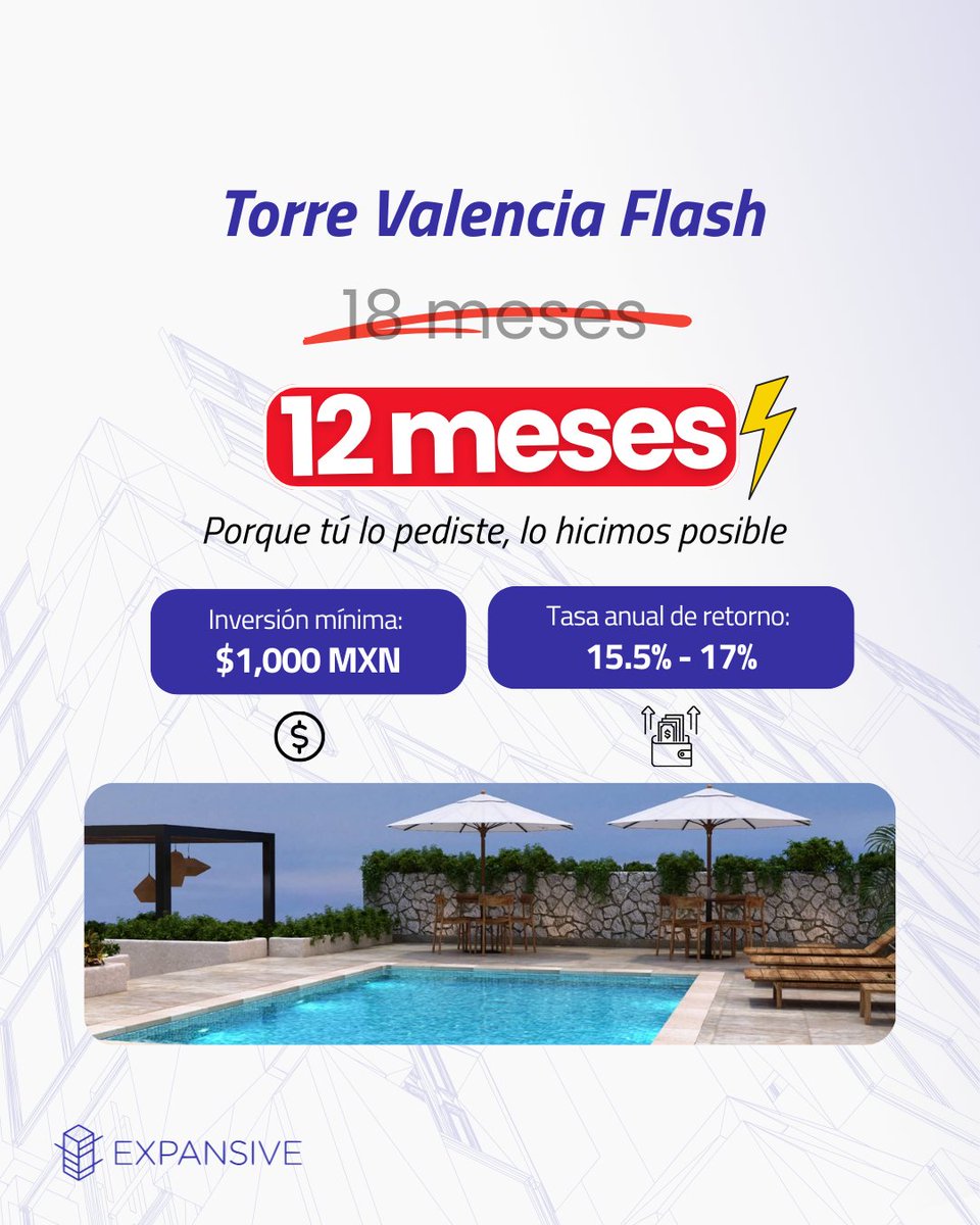 ✨ Torre Valencia – Campaña Flash ✨
La inversión a corto plazo que estabas esperando ya está aquí.

📌 Condiciones únicas de la Campaña Flash:
✅ Rendimiento anual de 15.5% a 17%
✅ Plazo reducido de 12 meses
✅ Pagos mensuales de rendimiento

#inversionesinmobiliarias