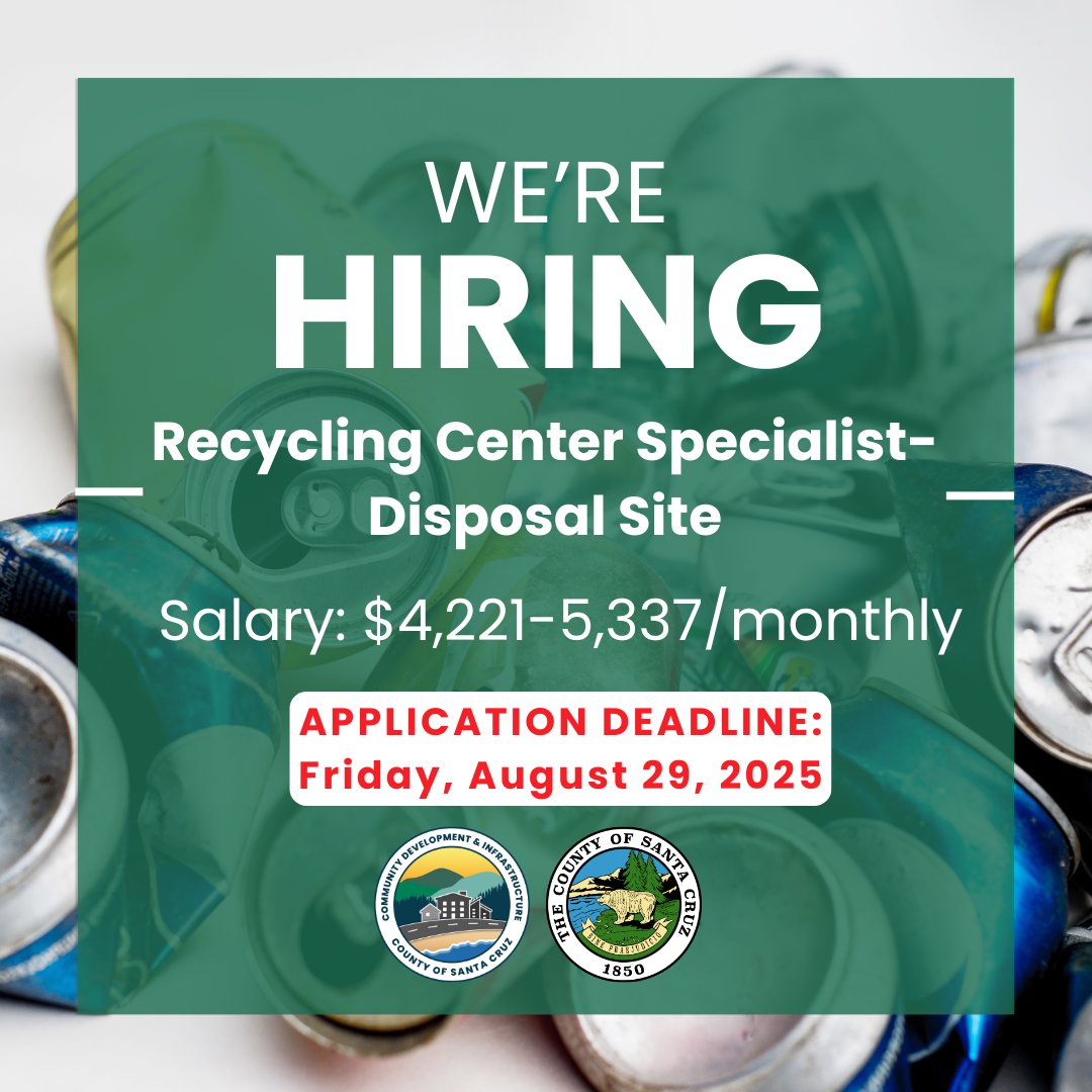 CDI_SC_County's tweet photo. We’re hiring! 🌿 Become a Recycling Center Specialist and help keep Santa Cruz County’s recycling program strong. Entry-level, hands-on, and community-focused! Apply here: https://t.co/4XhvwfaMjQ https://t.co/Z3APaVe4PF