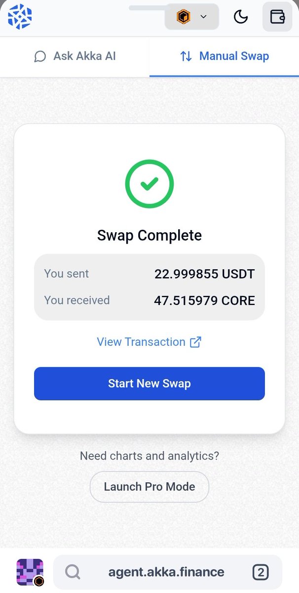 thebablum's tweet photo. 📢 @akka_finance Manual swap successfully completed just now on @Coredao_Org core blockchain 

✨I just bought some $core at the current market condition.

🌐Go for manual swap: https://t.co/XvbhUoxQFw

 #Akka #ai #core #justuseakka  $CORE #AkkaAccelerate
