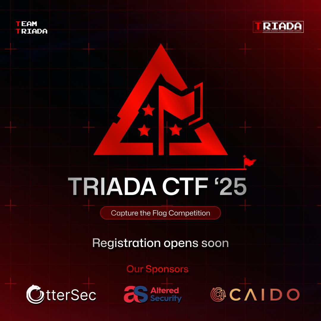 teamtriada's tweet photo. Get Ready for TRIADA CTF '25!
We're excited to announce our upcoming CTF competition! 

Registration opens soon!
For more information, visit: https://t.co/26FIksuesG 

A big thank you to our sponsors: @osec_io , @AlteredSecurity , and @CaidoIO  for supporting this event! https://t.co/RJMPWMSI0d