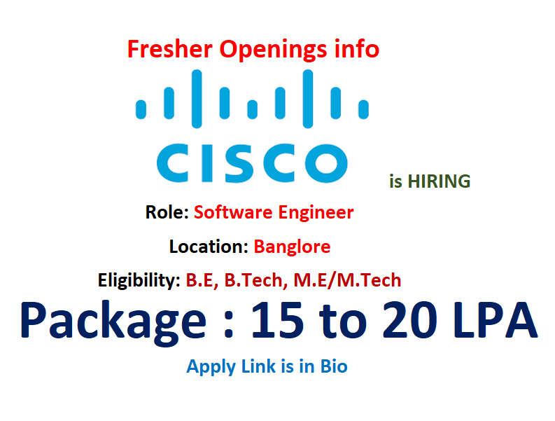 Cisco is hiring #Freshers for #Software Engineer.

Eligibility:
• Recent graduate / early career engineer, ready to learn &amp; grow
• You're ready to kick-start your tech career &amp; build the future of SaaS
• Foundation in Java

Link: jobs.cisco.com/jobs/ProjectDe… 

#Cisco