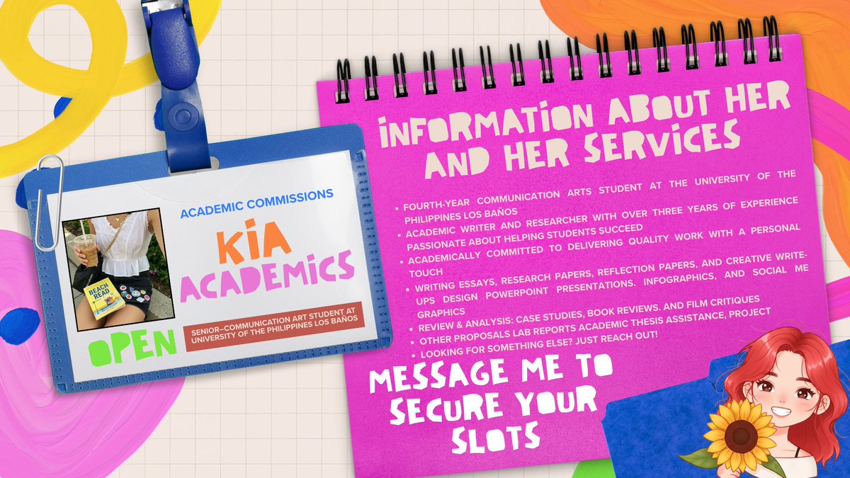 kia_commission's tweet image. Stressed with deadlines? Your academic helper is here! 🌻

• Thesis, Capstone, RRL
• Essay, Paper, Case Study
• Business Plan, Feasibility
• Math, Physics
• PPT, Infographics
and more!

DM is open for inquiries! LF Clients.

#kia_commission #AcademicCommission #ThesisHelp
