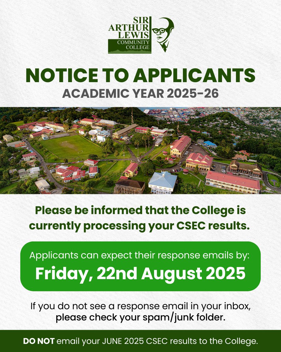 SirArthurLewis's tweet image. Dear Applicants, please note that we are currently processing your CSEC results, and you should receive your response emails by Friday, 22nd August. 

If you do not see a response email in your inbox, please check your spam/junk folder.

#salcc #newstudents #newacademicyear
