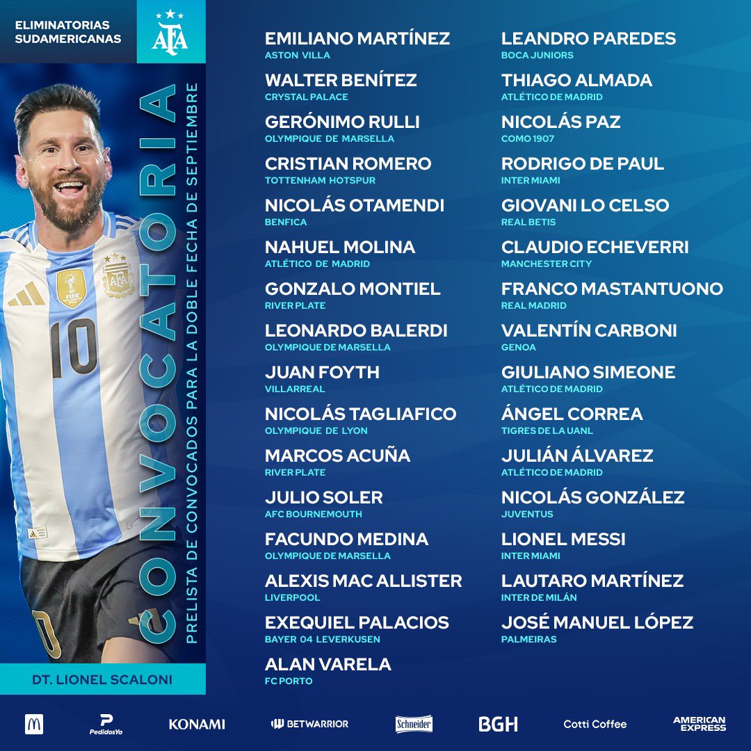 🚨🚨🚨 قائمة مُنتخب الأرجنتين لتصفيات أمريكا الجنوبية المؤهلة للمونديال! 🏆

تشهد تواجد لاعبا إنتر ميامي ، الأسطورة ليونيل ميسي و رودريقو دي باول 🇦🇷