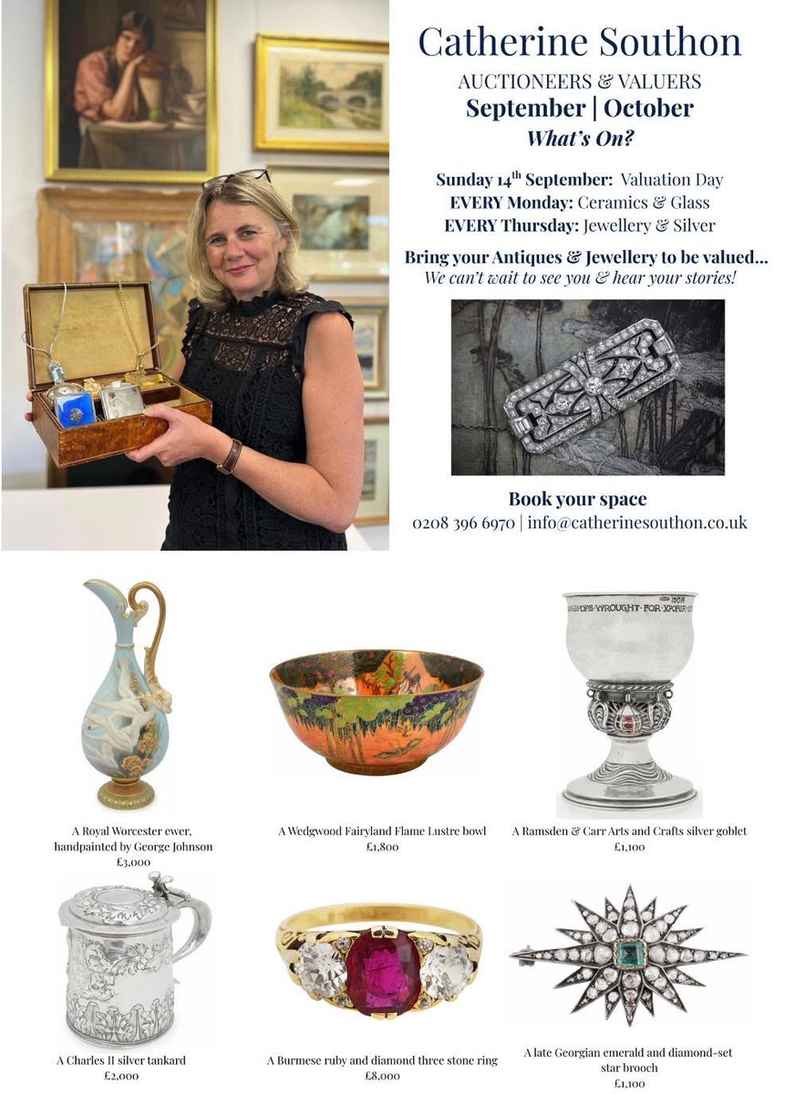 🤩WHAT'S ON?
As we approach the close of August, we're introducing some highlights..
WEEKEND Valuation Day &amp; Preview: Sunday 14th September 
EVERY Monday: Ceramics &amp; Glass 
EVERY Thursday: Jewellery &amp; Silver 
Rummage through your attics &amp; bring your treasure for a FREE valuation!