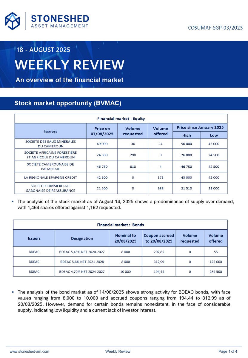 Stoneshedam's tweet photo. 📊🚀 Explore the news and opportunities shaping our financial market this week!

Key points:
🔹 CEMAC: Ecobank – Cameroonian Alain Nkontchou secures an agreement to acquire Nedbank’s stake for $100 million.
🔹 UEMOA: BRVM, Orange CI, and Ecobank CI boost market activity. https://t.co/jFNRbpKzpE
