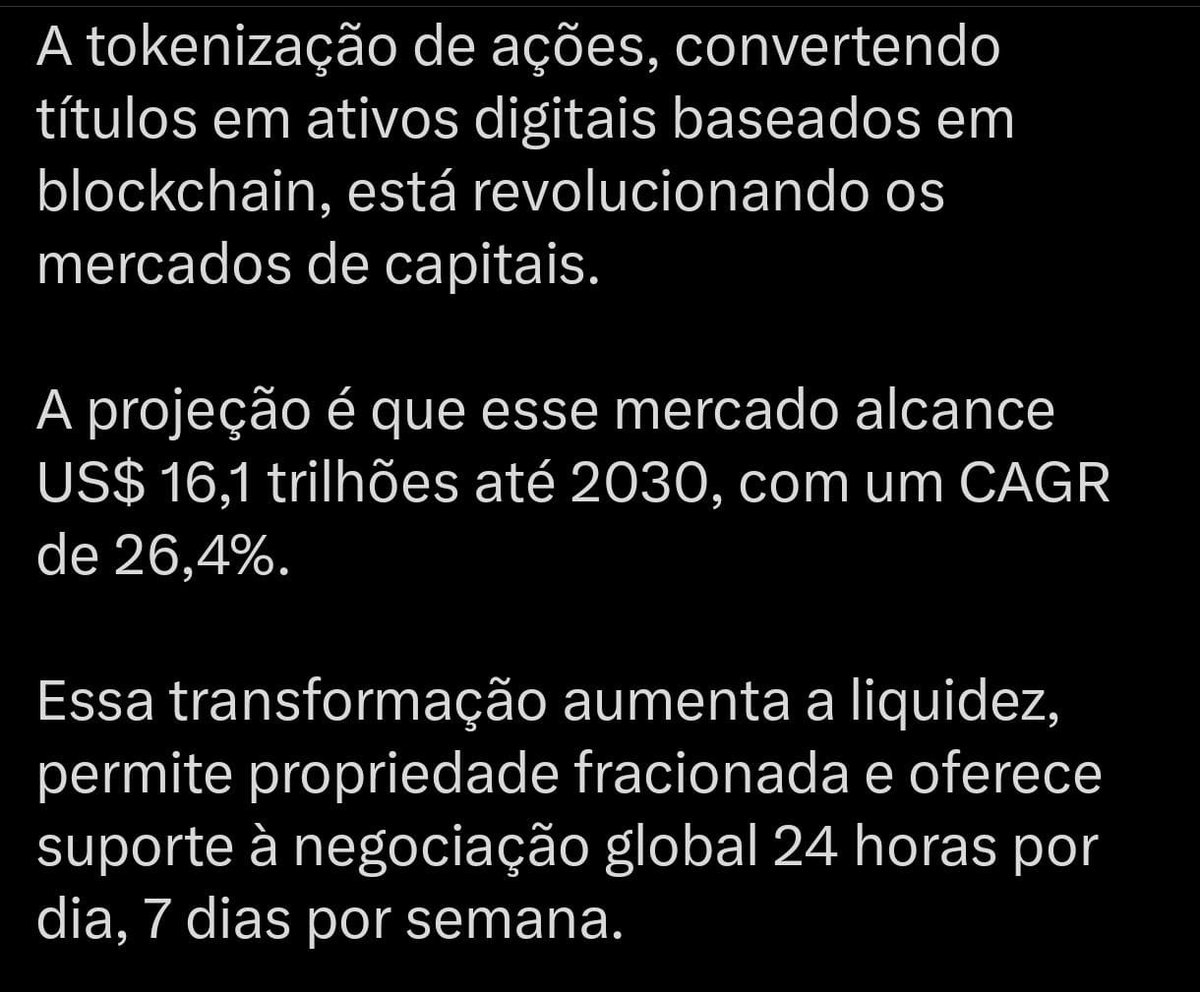 Viva a Tokenização! A projeção desse mercado é alcance de US$ 16 Trilhões até 2030 🚀🚀🚀

Além disso é um mercado que trabalha 24hrs por dia , 7 dias por semana 💲💲💲🔥🔥🔥