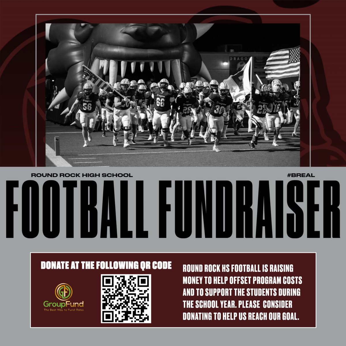 Please consider helping Round Rock Football in our GroupFund Fundraiser. Scan the QR code or follow the link if you wish to donate. Thanks for your continued support. #GOROCK #BREAL

rrhsfb25.groupfund.us/support/4043