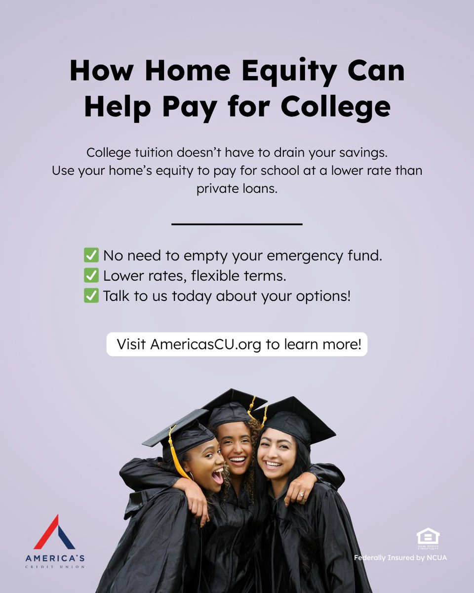 Americas_CU's tweet image. 📚 College tuition doesn’t have to drain your savings!
✅ Home equity = lower rates &amp;amp; more flexibility than private loans.

Learn more at AmericasCU.org.
#HomeEquity #SmartChoices #AmericasCreditUnion