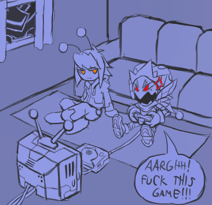 A sketch of a formie and a GPA playing a game with bad Omens at late night.