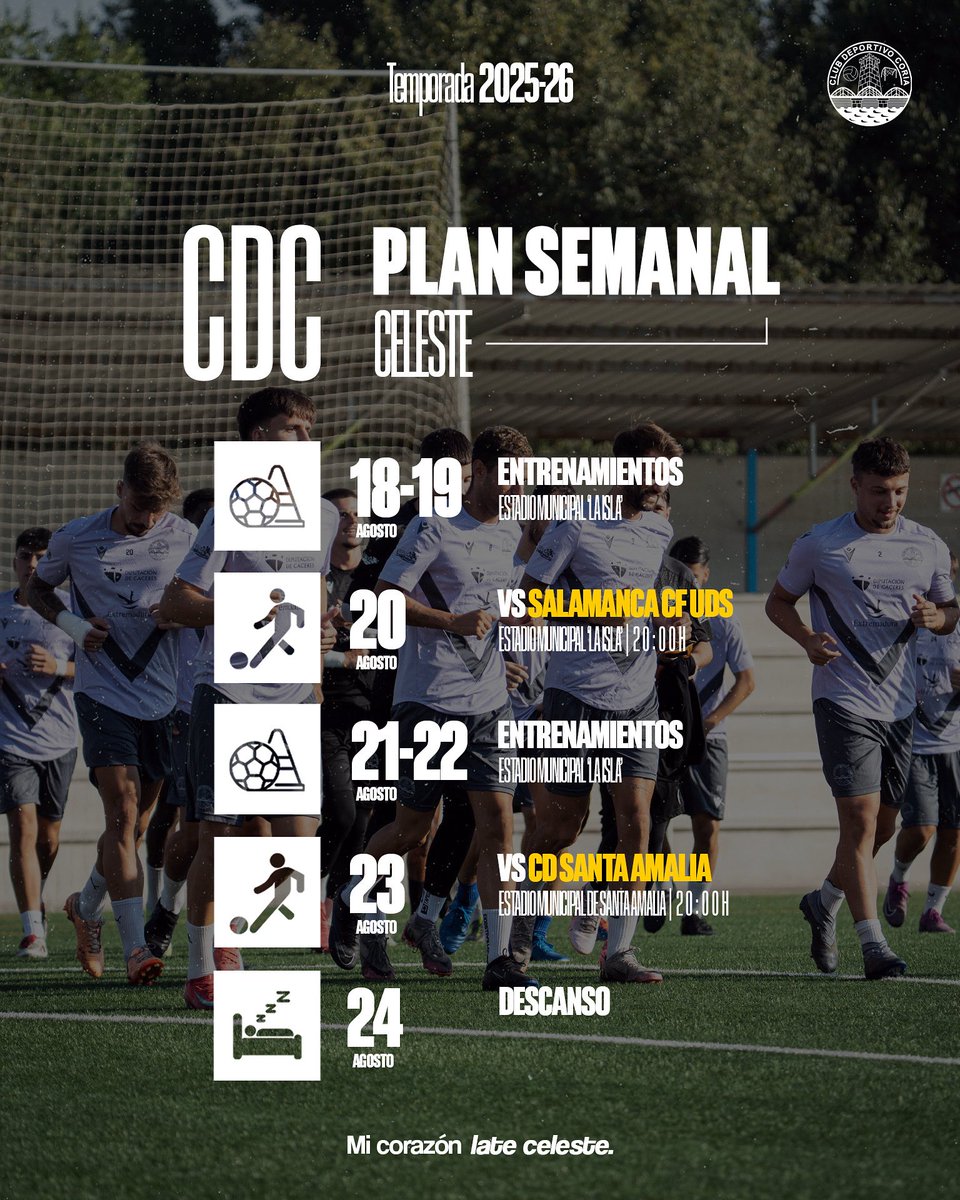 📝 PLAN SEMANAL CELESTE | DEL 18 AL 24 DE AGOSTO

🏋 Lunes.
🏋 Martes.
⚽ Miércoles 🆚 Salamanca CF UDS | 20:00h.
🏋 Jueves.
🏋 Viernes.
⚽ Sábado 🆚 CD Santa Amalia | 20:00h.
💤 Domingo.

📲 #MiCorazonLateCeleste