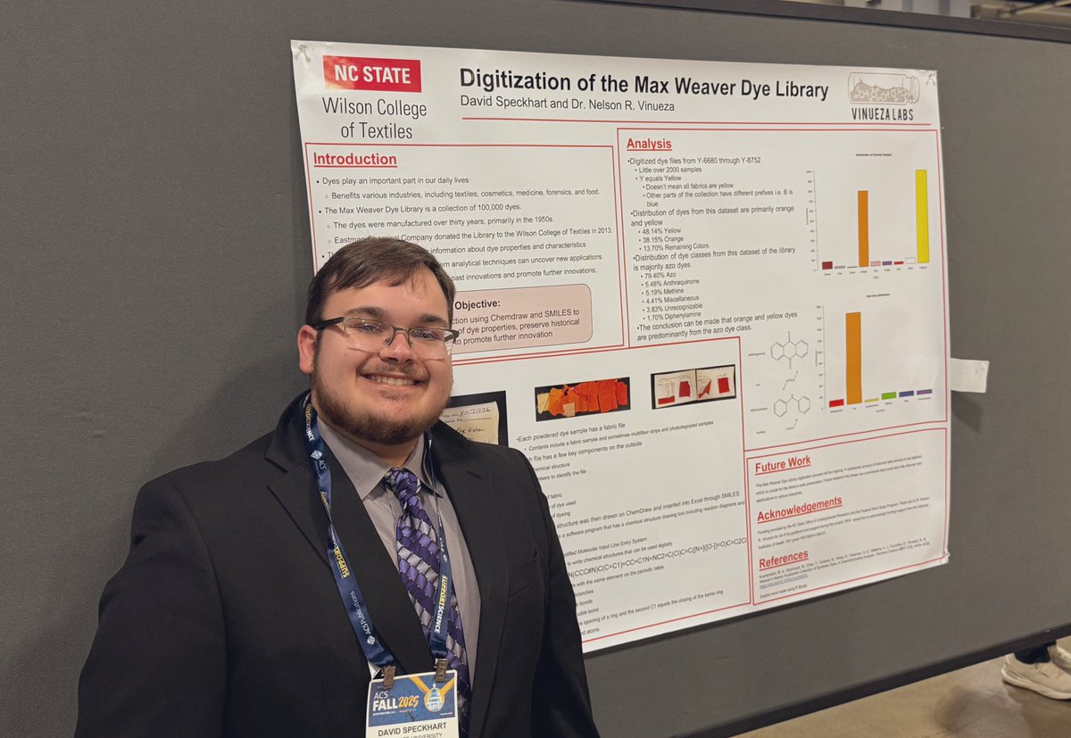 nrvinueza's tweet image. Our undergrad student @DSpeckhart12 preseting at #ACSFall25 #dyes Max Weaver Dye Library @VinuezaLabs @NCStateWilson