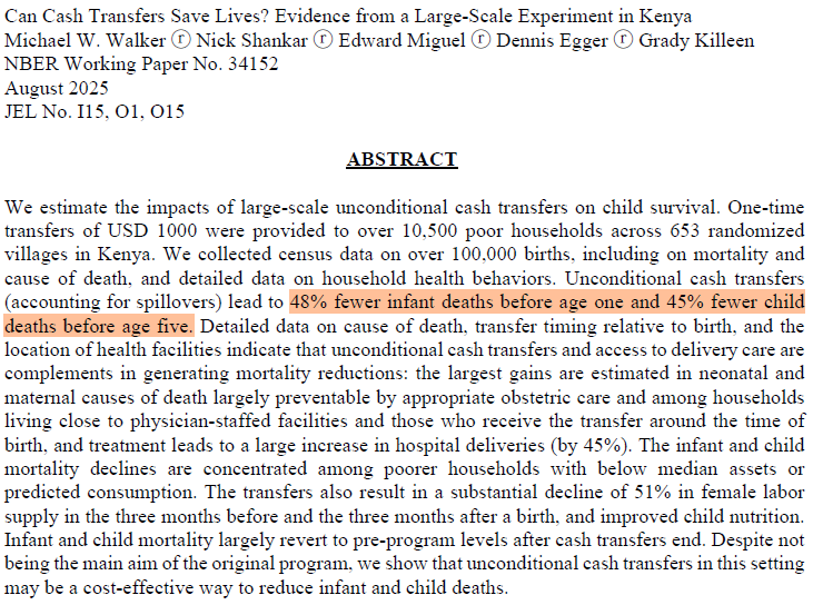 Was stunned when I saw these results...👇

In rural Kenya a $1k transfer cut infant &amp; child mortality in ~ *half*, with the largest drops around delivery &amp; near physician-staffed facilities. 😲

Kudos to @tedmiguel @givewell <a href="/open_phil/">Open Philanthropy</a> &amp; everyone else involved in study! 🧵👇