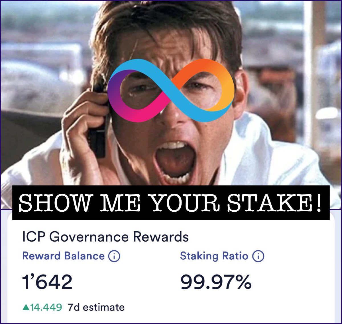 iPhelipeVR's tweet image. Show me your stake!

In my case: 99.97% staked ♾️
One day… maybe 100%.

New NNS feature now shows:
✅ Governance Rewards
✅ Staking Ratio

#InternetComputer $ICP