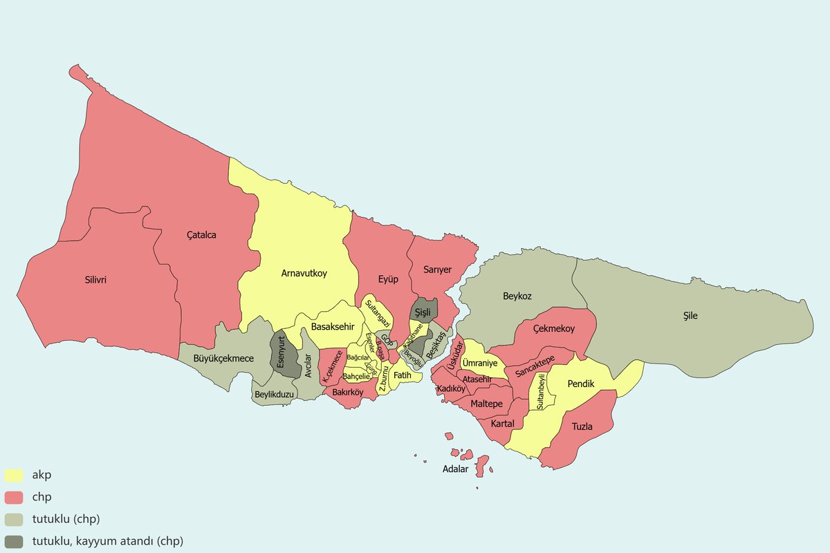 istanbul'da tutuklu belediye başkanlarının harita üzerinde gösterimi. 26 chp ilçe belediyesinden 11'inin başkanı tutuklandı. esenyurt ve şişli olmak üzere ikisine kayyum atandı. gaziosmanpaşa ise belediye meclisinin oylaması ile akp'ye geçti