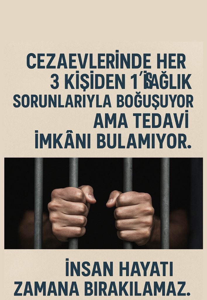 Ayse (@kumpirayse97879) on Twitter photo Cezaevleri,tedavi bekleyen hastalarla,bakım isteyen yaşlılarla dolu
İnsan onuruna aykırı koşullarda yıllarca tutulanlar neyle cezalandırılıyor❓
GenelAf Sebepleri
<a href="/AKPartiTBMMGrup/">TBMM AK Parti Grup Başkanlığı</a> <a href="/MhpTbmmGrubu/">MHP TBMM Grubu #MHP</a> <a href="/chptbmm/">CHP TBMM Grup Başkanlığı</a> <a href="/CHPTBMMGrubu/">CHP TBMM</a> <a href="/MHP_Bilgi/">MHP</a> <a href="/DEMParti_TBMM/">DEM Parti TBMM</a> <a href="/RTErdogan/">Recep Tayyip Erdoğan</a> <a href="/iyipartitbmm/">İYİ Parti TBMM</a> <a href="/YeniYolTBMM/">Yeni Yol TBMM Grubu</a> Cezaevleri,tedavi bekleyen hastalarla,bakım isteyen yaşlılarla dolu
İnsan onuruna aykırı koşullarda yıllarca tutulanlar neyle cezalandırılıyor❓
GenelAf Sebepleri
<a href="/AKPartiTBMMGrup/">TBMM AK Parti Grup Başkanlığı</a> <a href="/MhpTbmmGrubu/">MHP TBMM Grubu #MHP</a> <a href="/chptbmm/">CHP TBMM Grup Başkanlığı</a> <a href="/CHPTBMMGrubu/">CHP TBMM</a> <a href="/MHP_Bilgi/">MHP</a> <a href="/DEMParti_TBMM/">DEM Parti TBMM</a> <a href="/RTErdogan/">Recep Tayyip Erdoğan</a> <a href="/iyipartitbmm/">İYİ Parti TBMM</a> <a href="/YeniYolTBMM/">Yeni Yol TBMM Grubu</a>