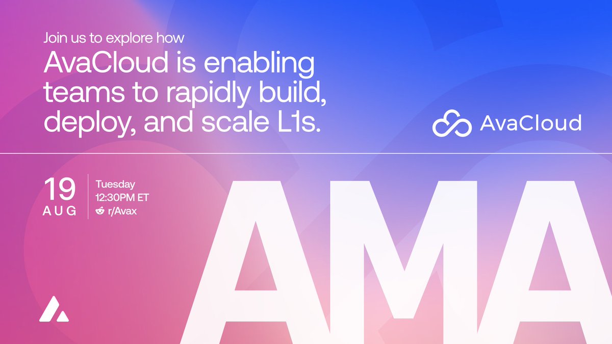 AvaCloud (@avacloud) on Twitter photo 👋 Hey <a href="/avax/">Avalanche🔺</a> community!
Tomorrow <a href="/janockbro/">Аnthony Janocko 🔺</a> is joining <a href="/CommunityofAvax/">🔺doption Community</a>'s special AMA to dive into how <a href="/AvaCloud/">AvaCloud</a> is enabling teams to rapidly build, deploy, and scale L1s.
📅 Date: Tuesday, August 19th
🕧 Time: 12:30 PM ET
📍 Where: r/Avax reddit.com/r/Avax/
AvaCloud is 👋 Hey <a href="/avax/">Avalanche🔺</a> community!
Tomorrow <a href="/janockbro/">Аnthony Janocko 🔺</a> is joining <a href="/CommunityofAvax/">🔺doption Community</a>'s special AMA to dive into how <a href="/AvaCloud/">AvaCloud</a> is enabling teams to rapidly build, deploy, and scale L1s.
📅 Date: Tuesday, August 19th
🕧 Time: 12:30 PM ET
📍 Where: r/Avax reddit.com/r/Avax/
AvaCloud is