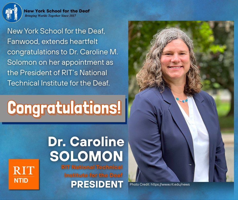NYSD congratulates Dr. Caroline M. Solomon on her appointment as the next president of <a href="/RITNTID/">RIT/NTID</a> . As the first Deaf woman to lead NTID, she is a trailblazing scientist, educator, and role model whose leadership will inspire generations. #STEM #ASL #RITNTID #NTID