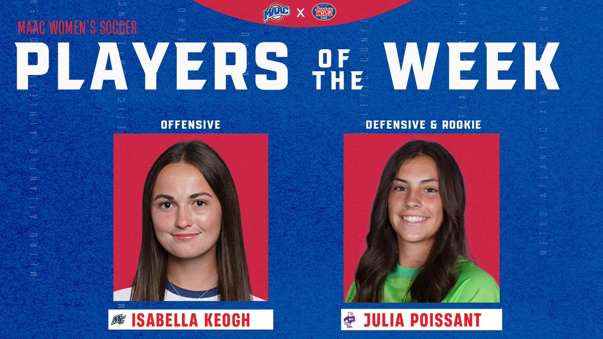 #MAACSports (@maacsports) on Twitter photo Keogh <a href="/MerrimackWSOC/">Merrimack Women’s Soccer</a> and Poissant <a href="/NiagaraWSOC/">Niagara Women's Soccer</a> Named <a href="/jerseymikes/">Jersey Mike's Subs</a> MAAC Women’s Soccer Weekly Award Winners
bit.ly/4mlMkxf
#MAACWSOC Keogh <a href="/MerrimackWSOC/">Merrimack Women’s Soccer</a> and Poissant <a href="/NiagaraWSOC/">Niagara Women's Soccer</a> Named <a href="/jerseymikes/">Jersey Mike's Subs</a> MAAC Women’s Soccer Weekly Award Winners
bit.ly/4mlMkxf
#MAACWSOC