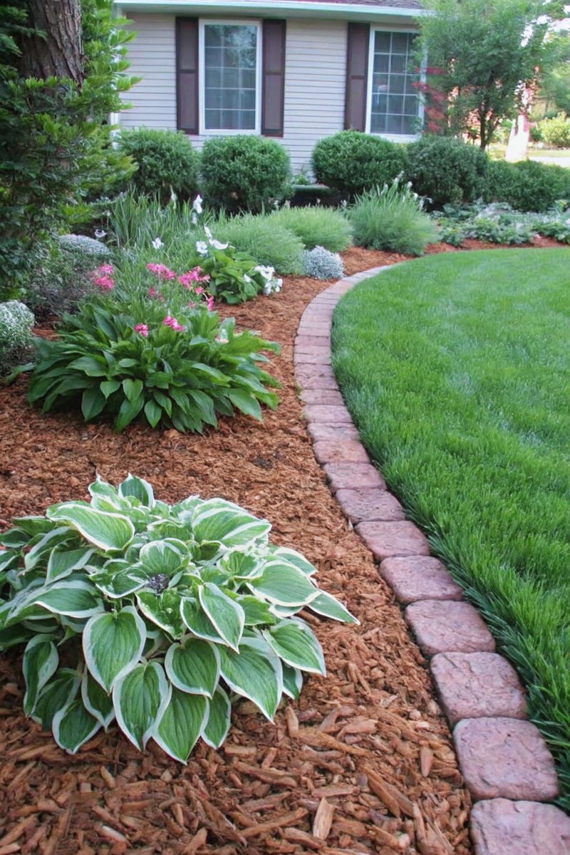 doubletakedeco's tweet image. Elevate your garden curb appeal with a curved stone pathway and rich brown mulch edging! Highlight lush hostas and clusters of colorful blooms for a vibrant, inviting look. Perfect for framing your home with natural elegance. #GardenEdging #LandscapingTips
