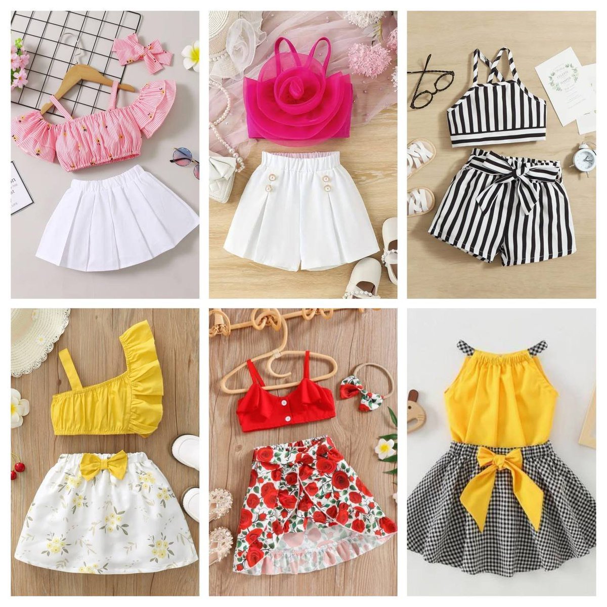 "Adorable kids' outfits featuring stylish tops and skirts in vibrant colors and patterns, perfect for any occasion!  #KidsFashion #CuteOutfits #FashionForKids"