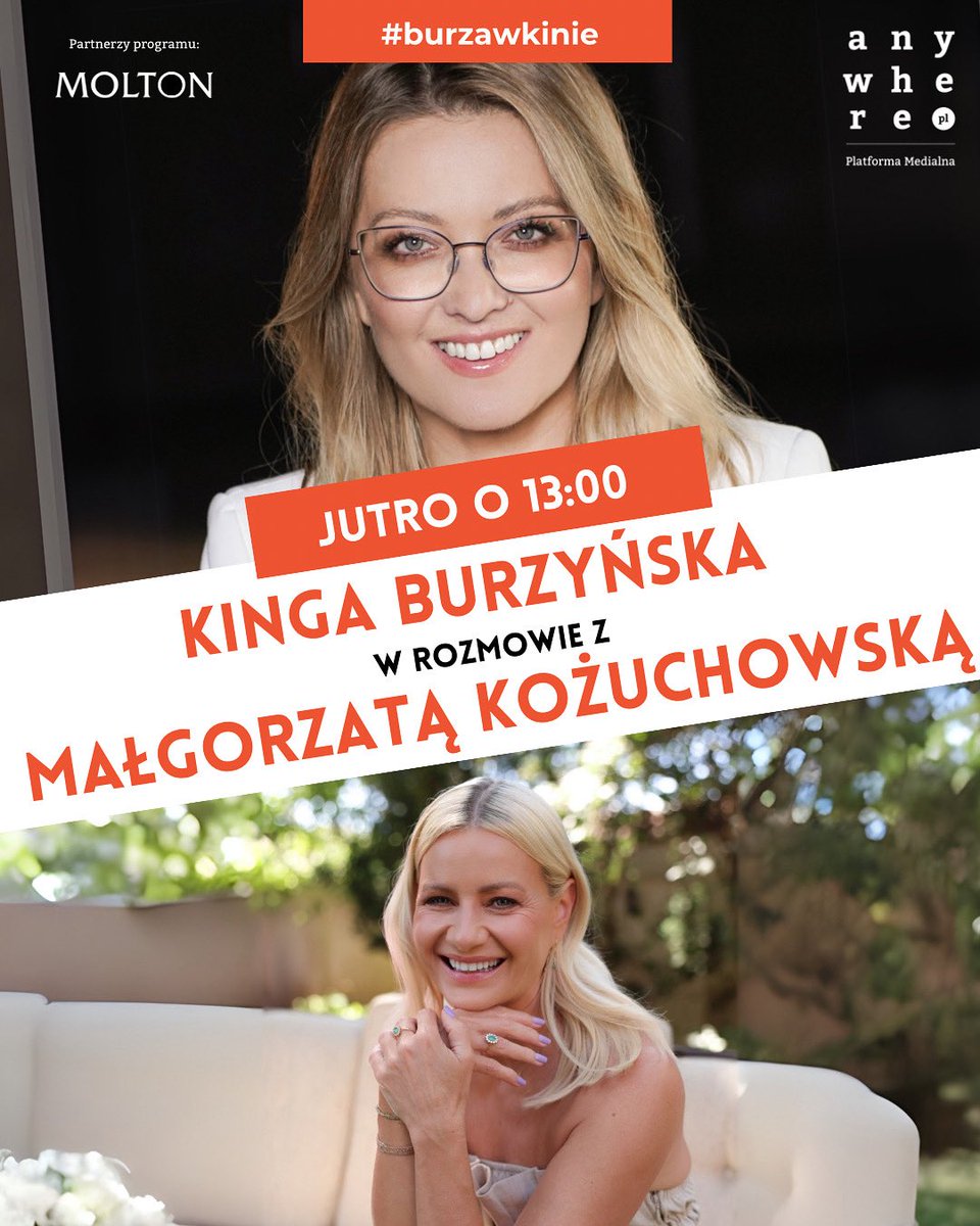#ZAPOWIEDŹ #burzawkinie 
Już jutro o 12:00 w programie #burzawkinie z Kingą Burzyńską spotkamy się z wyjątkową gościnią – Małgorzatą Kożuchowską! ❤️ Porozmawiamy o jej zachwycającej kreacji w serialu „Aniela” <a href="/NetflixPL/">Netflix Polska</a>, o powrocie do kultowego serialu „rodzinka.pl” i