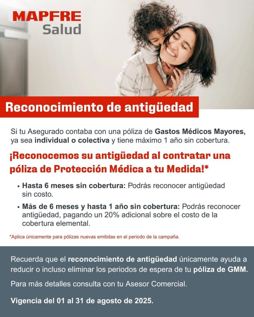 Reaza360Com's tweet photo. Durante agosto puedes rescatar la antigüedad de tu poliza de GMM si tienes menos de 1 año sin cobertura.

No importa con quien tenías tu poliza, es posible recuperar tu antigüedad si contratas antes del 31 de agosto tu nueva poliza con #MAPFRE. 

#Reaza360
#AseguramosLoQueQuieras https://t.co/KfTM3Fi6py
