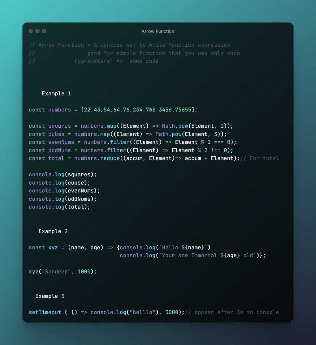 StackedBysandip's tweet image. Just learned Arrow Functions in JavaScript! ⚡
Shorter, cleaner &amp;amp; easy to read
Goodbye long syntax 👋
#javascript #ArrowFunction #100DaysOfCode #coding #DevCommunity #X #Grok #connect #CodeNewbie