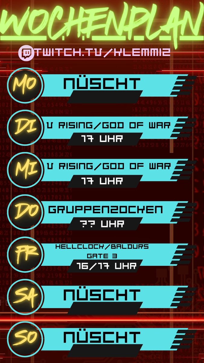Alooohaaa 🍵
Zwar verspätet aber hier der Strahlplan für diese Woche. Es wird wie üblich vampirig und nordig, mit einer Prise Multiplayer-Spass. ✌️