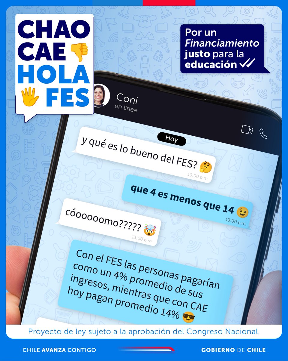 #chaoCAEholaFES Con el FES las personas pagarán en promedio un 4% de sus ingresos, mientras que con el CAE hoy pagan alrededor de 14% promedio. Alguien que gana $800 mil, en lugar de pagar $114 mil mensuales, pagaría $32 mil.