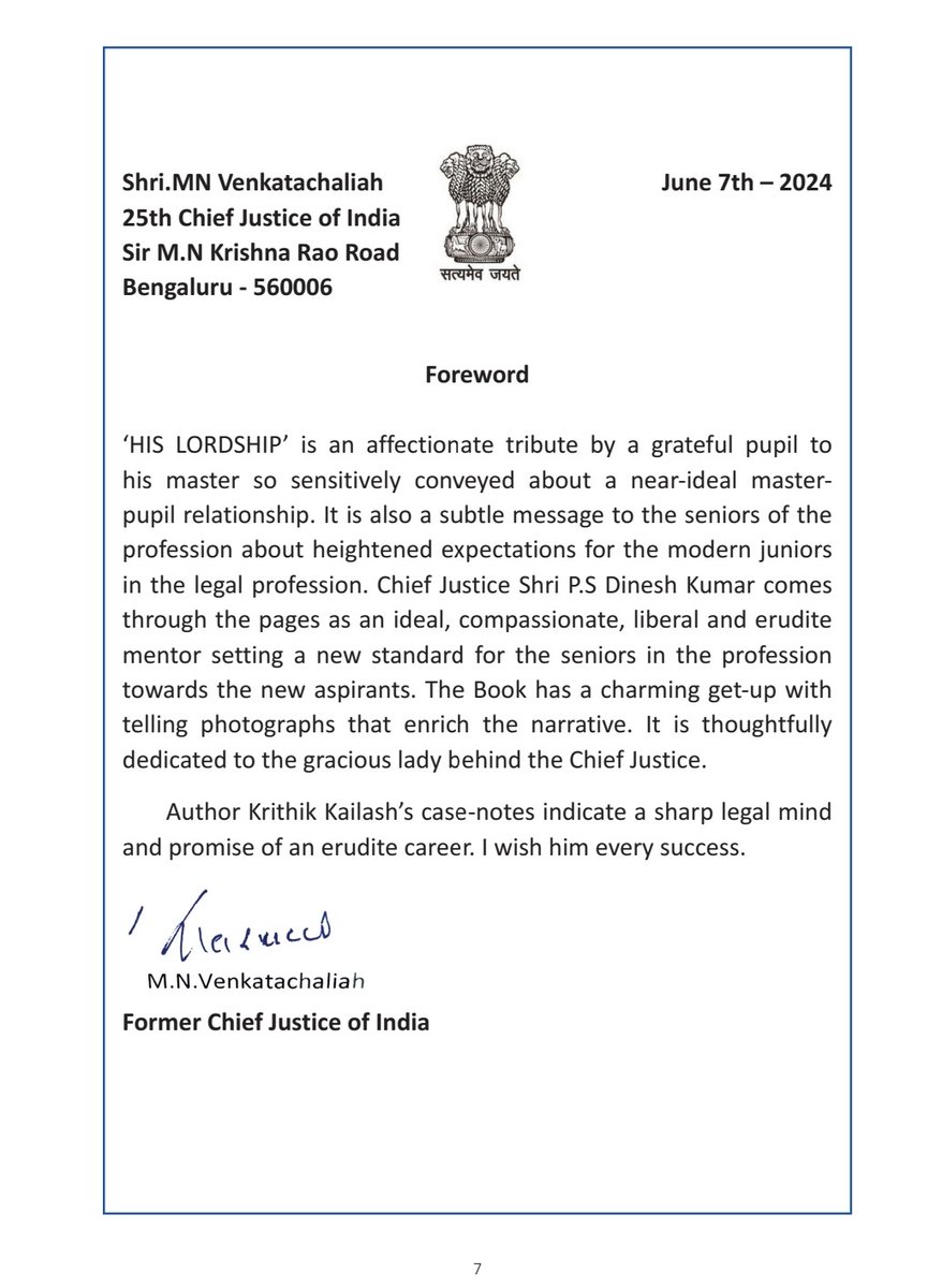 Krithik_Kailash's tweet image. The most precious foreword for my second book &apos;His Lordship  - My Internship Experience with Chief Justice P.S Dinesh Kumar at the Karnataka High Court&apos;.

A lifetime blessing as a young member of the legal fraternity.  

#foreword
#internship
#hislordhip
#newbook