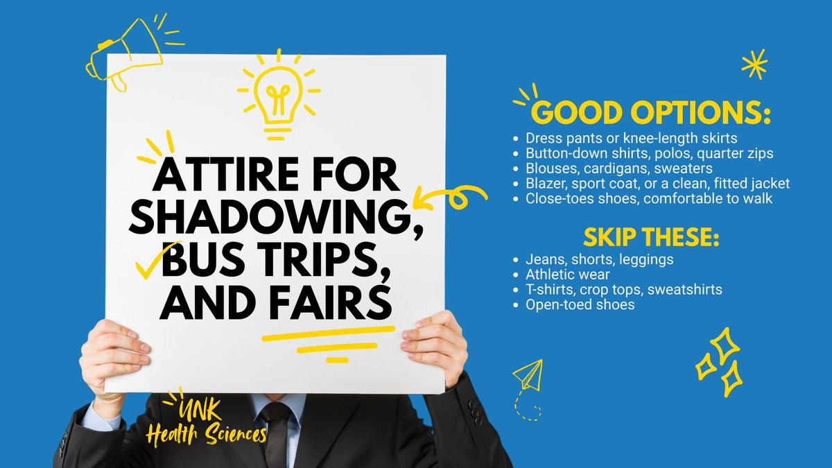 🤔What to wear for #UNKHealthSciences experiences? Business casual: a step up from your everyday, not as formal as a suit. Look put together, comfortable, and professional. Your outfit shows that you’re taking this opportunity -and your future- seriously #KHOP #HSELC