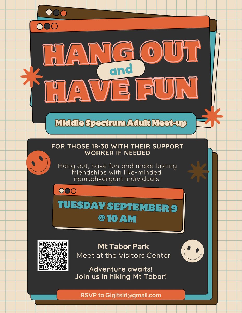 Autism Society OR (@autismsocietyor) on Twitter photo Presented by Middle Spectrum Adult Meetup
This group is not affiliated with ASO, we are sharing this as a public service.
Hang Out & Have Fun
Ages 18-30
Tuesday, Sep 9, 2025
10:00 AM at Mt Tabor Park
Please direct questions & RSVP to Gigitsiri@gmail.com Presented by Middle Spectrum Adult Meetup
This group is not affiliated with ASO, we are sharing this as a public service.
Hang Out & Have Fun
Ages 18-30
Tuesday, Sep 9, 2025
10:00 AM at Mt Tabor Park
Please direct questions & RSVP to Gigitsiri@gmail.com