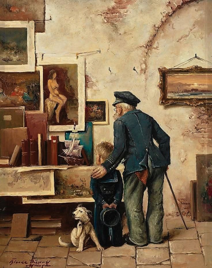 Rudolf Bierle (1928-? German genre and landscape painter)  "Grandfather and Grandson at the Broker"