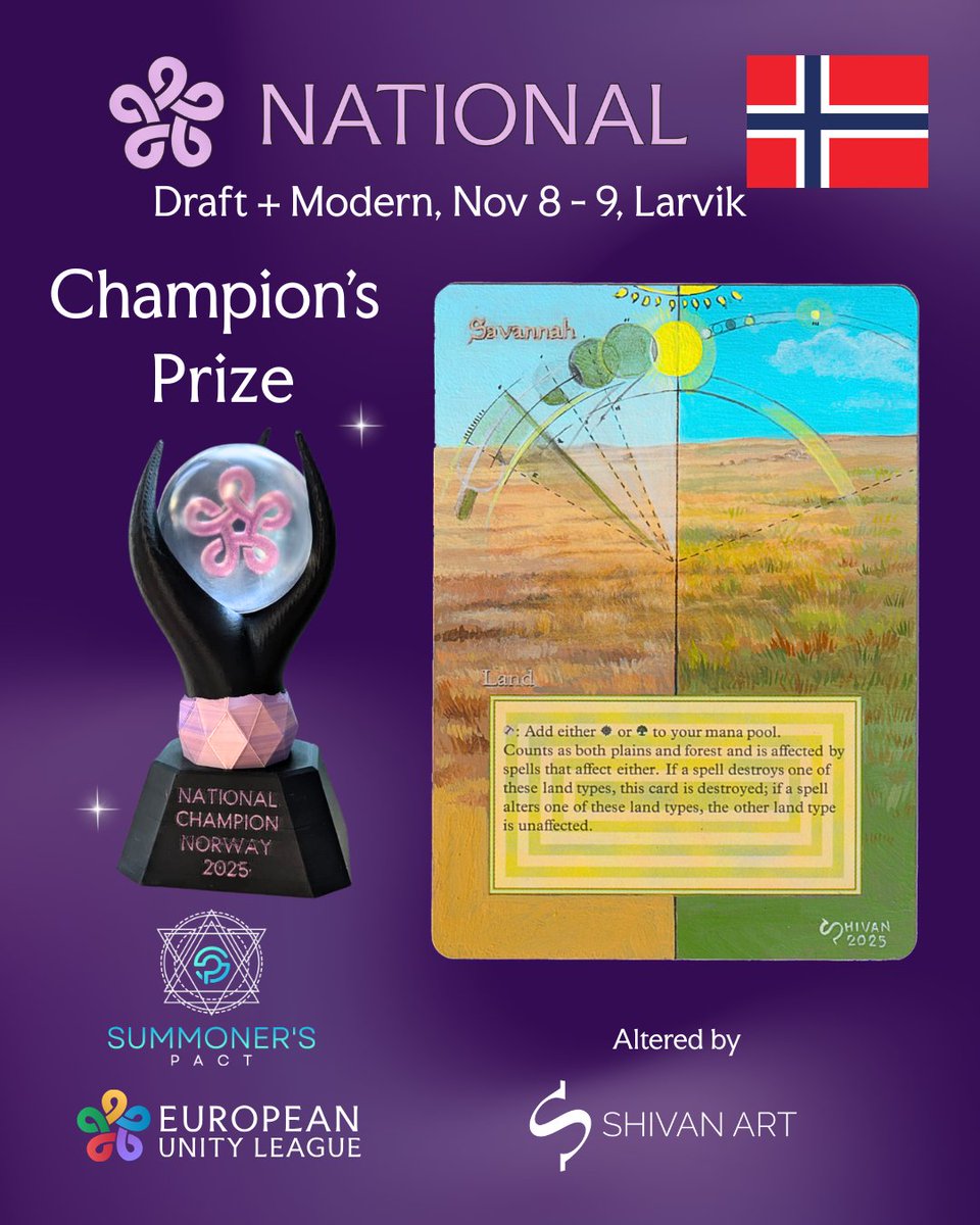 European Unity League (@unityleaguemtg) on Twitter photo 🇳🇴EUL National Champion’s prize 🏆
A Revised Savannah🃏 altered by <a href="/ShivanArt/">ShivanArt🔜TBA👀</a> 🎨 and a custom trophy 🖤
📅 08-09.11
📍 Larvik, by Summoner's Pact
🔗 unityleague.gg/events/5158/ 🇳🇴EUL National Champion’s prize 🏆
A Revised Savannah🃏 altered by <a href="/ShivanArt/">ShivanArt🔜TBA👀</a> 🎨 and a custom trophy 🖤
📅 08-09.11
📍 Larvik, by Summoner's Pact
🔗 unityleague.gg/events/5158/