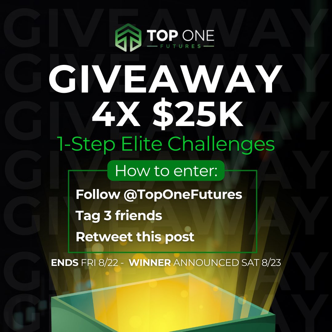 TopOneFutures (@toponefutures) on Twitter photo GIVEAWAY ALERT 🚨
We’re giving away 4x $25K 1-Step Elite Challenges 💰
Here’s how to enter:
✅ Follow <a href="/TopOneFutures/">TopOneFutures</a>
✅ Tag 3 friends
✅ Retweet this post
Hurry, entries close Friday, 8/22 ⏳
Winners announced Saturday, 8/23 🎉
Don’t miss your shot at a $25K account! GIVEAWAY ALERT 🚨
We’re giving away 4x $25K 1-Step Elite Challenges 💰
Here’s how to enter:
✅ Follow <a href="/TopOneFutures/">TopOneFutures</a>
✅ Tag 3 friends
✅ Retweet this post
Hurry, entries close Friday, 8/22 ⏳
Winners announced Saturday, 8/23 🎉
Don’t miss your shot at a $25K account!