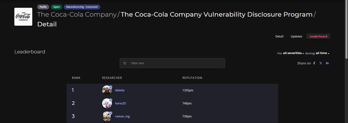 Made it to <a href="/intigriti/">Intigriti</a>  Top 10 (2025 Q2) and Top 2 all-time on <a href="/CocaColaCo/">The Coca-Cola Co.</a>  VDP.

Really happy about this — it’s been a fun ride so far.
From the next post, I’ll start sharing some tips and things I’ve learned along the way.

#BugBounty #Intigriti #Hacked #bugbountytips