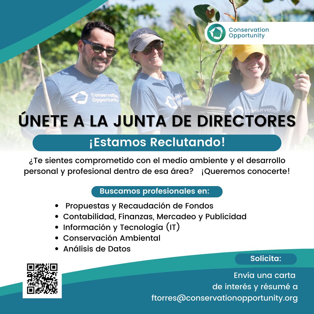 ConservationOpp's tweet image. ¡ÚNETE A NUESTRA JUNTA DE DIRECTORES!

¿Te interesa esta oportunidad?
Lea mas aqui: facebook.com/photo?fbid=773…
Envíanos tu carta de interés y tu resume a:
📩 Fabiola Torres – ftorres@conservationopportunity.org

¡Sé parte de nuestro impacto positivo en la conservación ambiental!