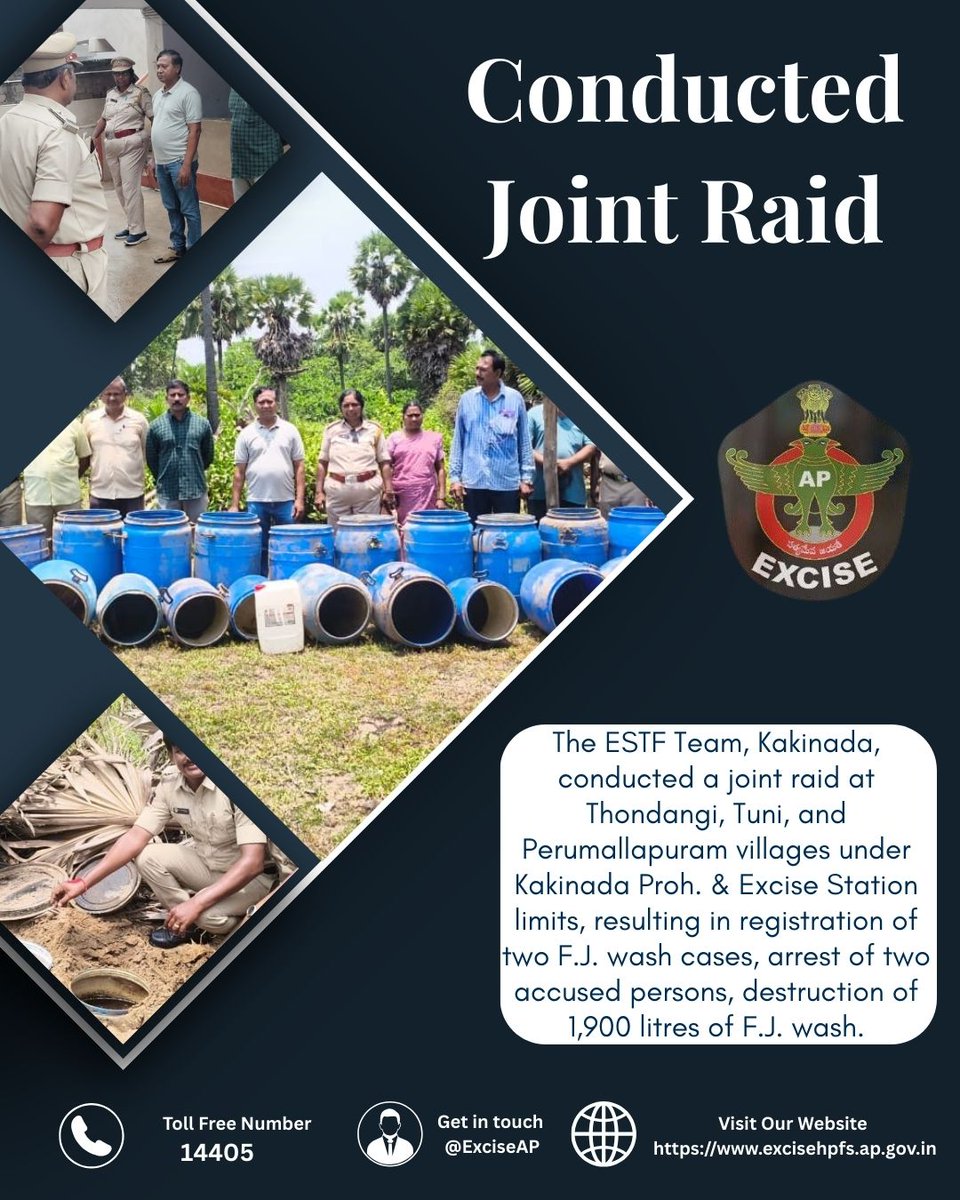 🚨 The ESTF Team, Kakinada, conducted a joint raid at Thondangi, Tuni &amp; Perumallapuram villages under Kakinada Proh. &amp; Excise Station limits.

✅ 1,900 litres FJ wash destroyed
#ExciseEnforcement #AntiLiquorDrive #PublicSafety
