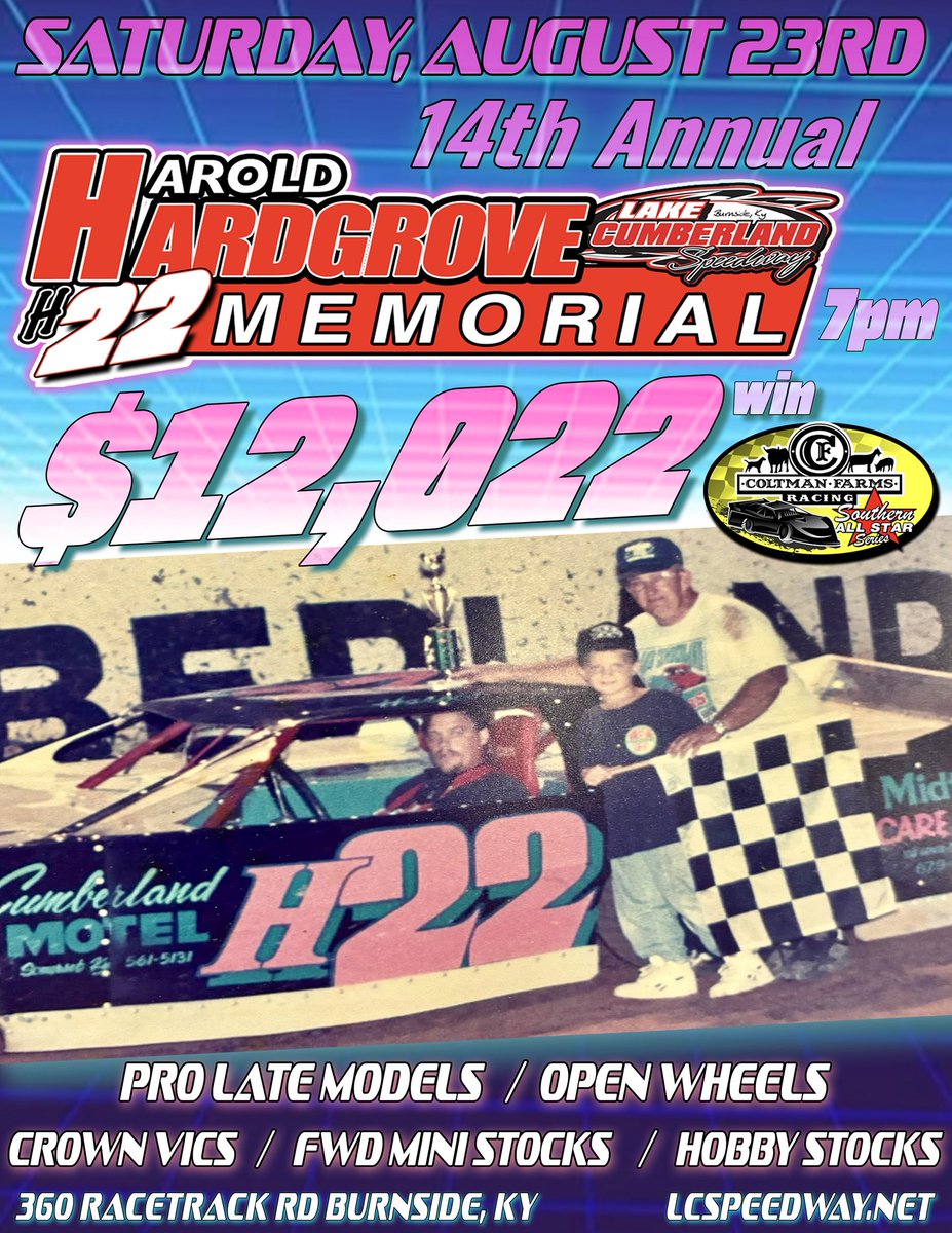 LCSpeedway (@lc_speedway) on Twitter photo 14th ANNUAL HAROLD HARDGROVE MEMORIAL! Friday August 22nd Open Practice for all classes. Saturday August 23rd 12,022/win <a href="/SASDIRT/">Southern All Star Dirt Racing Series</a>! PLUS $3,022/win American AllStars Pro Late Models, $1,522/win Open Wheels, $1,022/win for FWD Mini Stocks, GrassRoots Hobby Stocks & Crown Vics! 14th ANNUAL HAROLD HARDGROVE MEMORIAL! Friday August 22nd Open Practice for all classes. Saturday August 23rd 12,022/win <a href="/SASDIRT/">Southern All Star Dirt Racing Series</a>! PLUS $3,022/win American AllStars Pro Late Models, $1,522/win Open Wheels, $1,022/win for FWD Mini Stocks, GrassRoots Hobby Stocks & Crown Vics!