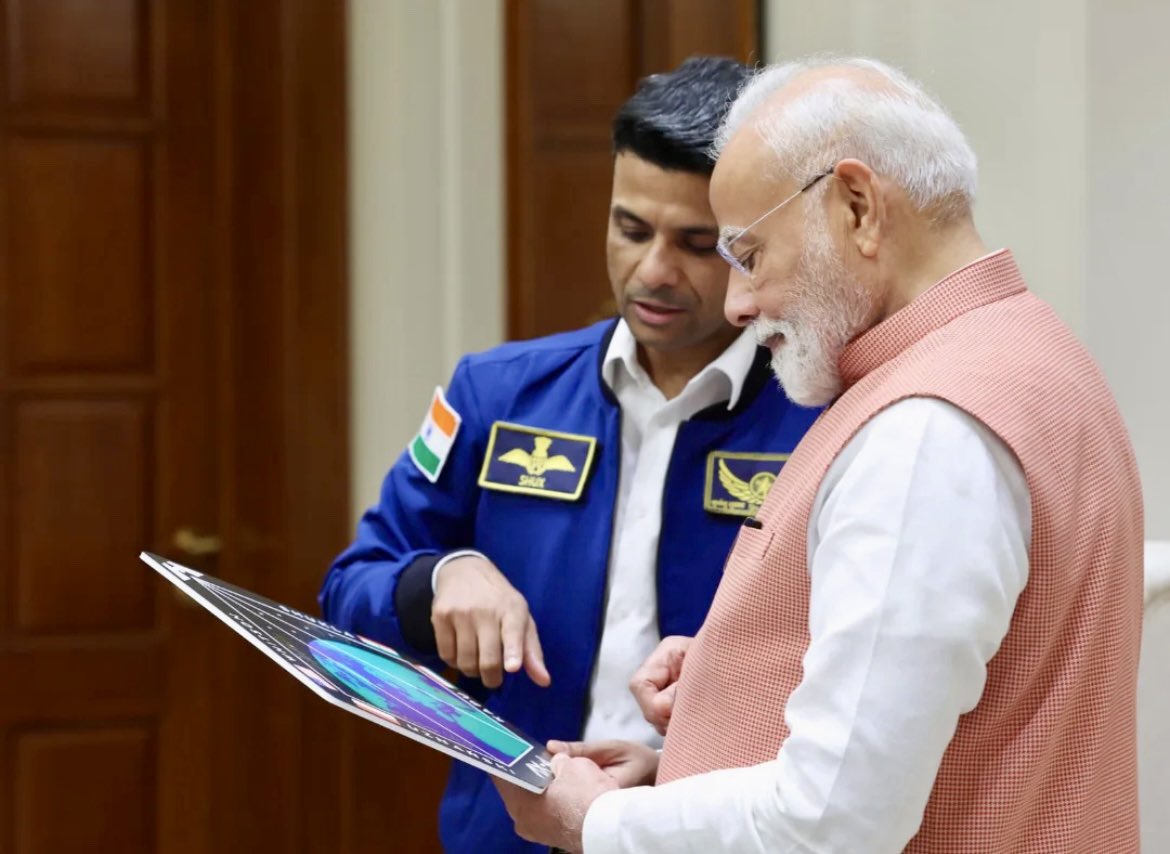 Shubhanshu Shukla (@gagan_shux) on Twitter photo Met with the Hon PM today. Last time I spoke to him virtually was from Orbit with this same flag in the background on the <a href="/iss/">ishaan</a>. I cannot describe how proud I felt that day representing Bharat and today when I was speaking to the PM <a href="/narendramodi/">Narendra Modi</a> Like I said this is just the first Met with the Hon PM today. Last time I spoke to him virtually was from Orbit with this same flag in the background on the <a href="/iss/">ishaan</a>. I cannot describe how proud I felt that day representing Bharat and today when I was speaking to the PM <a href="/narendramodi/">Narendra Modi</a> Like I said this is just the first