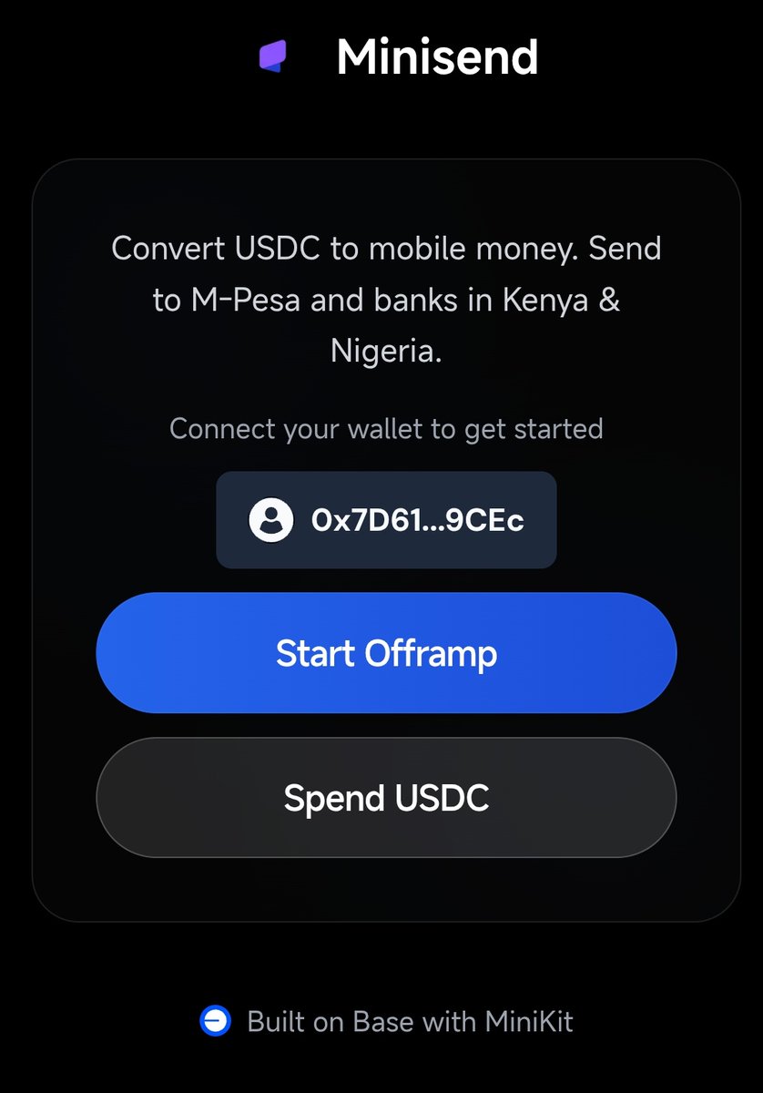Minisend 应用界面，显示将 USDC 转换为 M-Pesa 的选项