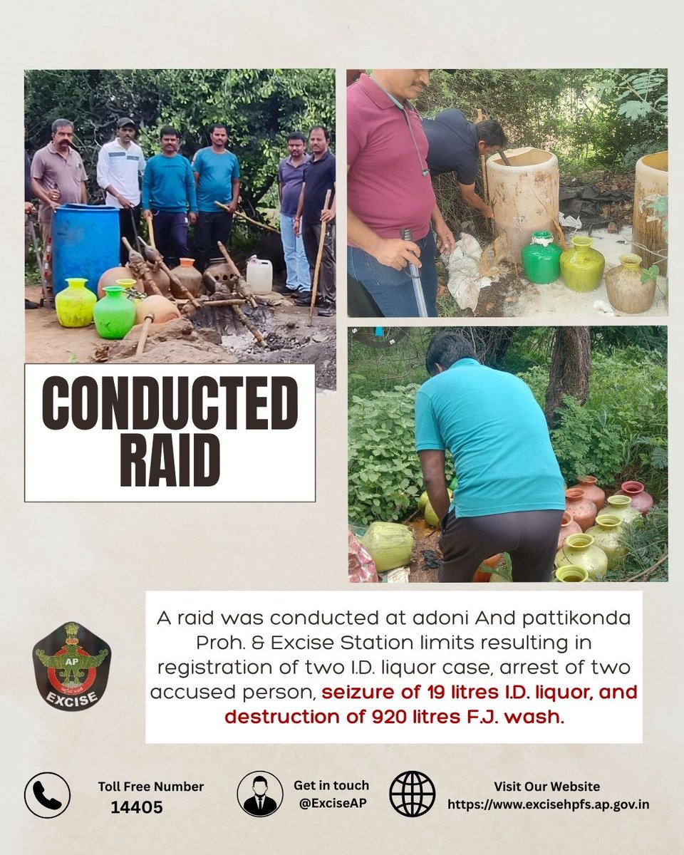 🚨 A raid was conducted at Adoni &amp; Pattikonda Proh. &amp; Excise Station limits.

✅ 19 litres I.D. liquor seized
✅ 920 litres F.J. wash destroyed
#ExciseEnforcement #AntiLiquorDrive #PublicSafety