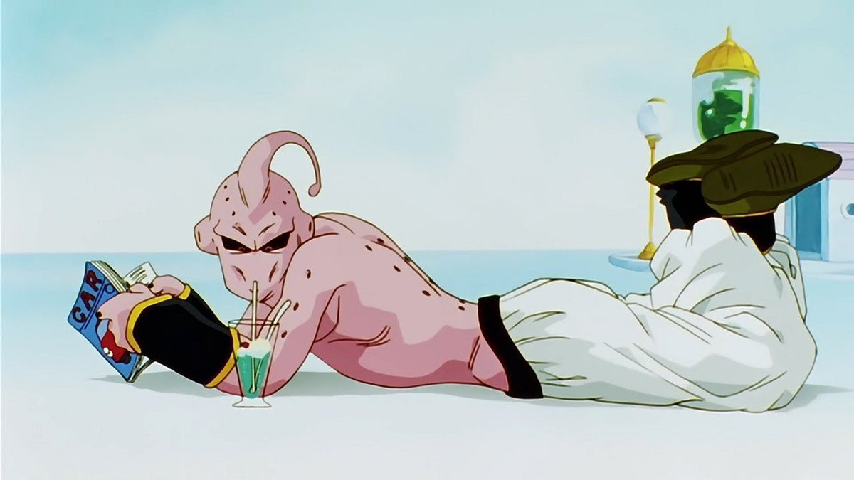 The Buu saga is funny because it’s simultaneously the silliest Z arc as well as the darkest and most brutal. One scene Vegeta will be executing civilians, puppies being shot, earth getting nuked, people being eaten, and then the next scene Buu will be sitting like this:
