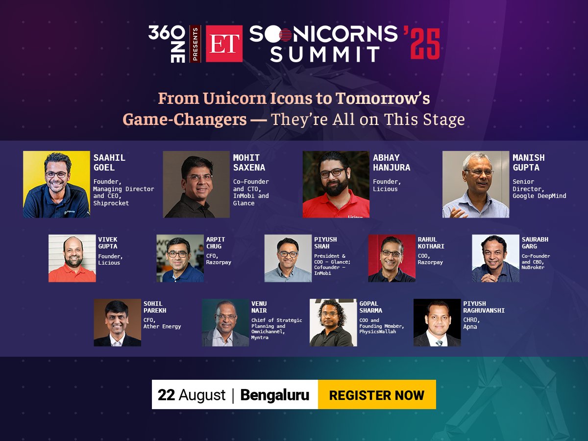📢📢 Unicorn founders, category creators, and AI trailblazers share the ultimate soonicorn playbook in Bengaluru. Hear from <a href="/mohitsax/">Mohit Saxena</a> &amp; #PiyushShah of InMobi &amp; Glance, <a href="/_saah1l/">Saahil Goel</a> of Shiprocket, and <a href="/abhayhanjura/">abhay kumar hanjura</a> &amp; <a href="/vivekgca/">Vivek Gupta</a> of Licious as #ETSoonicornsSummit2025 counts down.