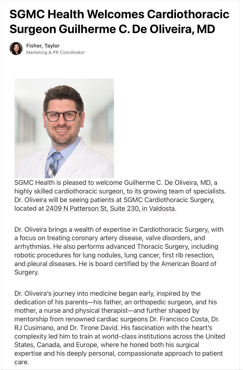 Guilherme C. de Oliveira, MD (@gui_oliveiramd) on Twitter photo I am delighted and proud to announce that I started my practice as a Cardiothoracic Surgeon today.
sgmc.org/sgmc-health-we… I am delighted and proud to announce that I started my practice as a Cardiothoracic Surgeon today.
sgmc.org/sgmc-health-we…
