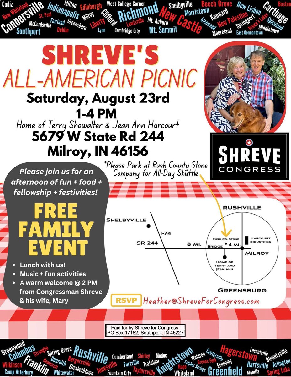 🚨Congressman Shreve Picnic🚨
<a href="/JeffersonShreve/">Jefferson Shreve</a>
 FREE Family Event for Shreve For Congress. Enjoy a fun family event with food, music, and activities.  🇺🇸 

📆 SATURDAY, August 23rd
⏰ 1pm—4pm
🗺️ 5679 West State Road 244, Milroy, IN 46156
📝 RSVP— Heather@ShreveForCongress.com