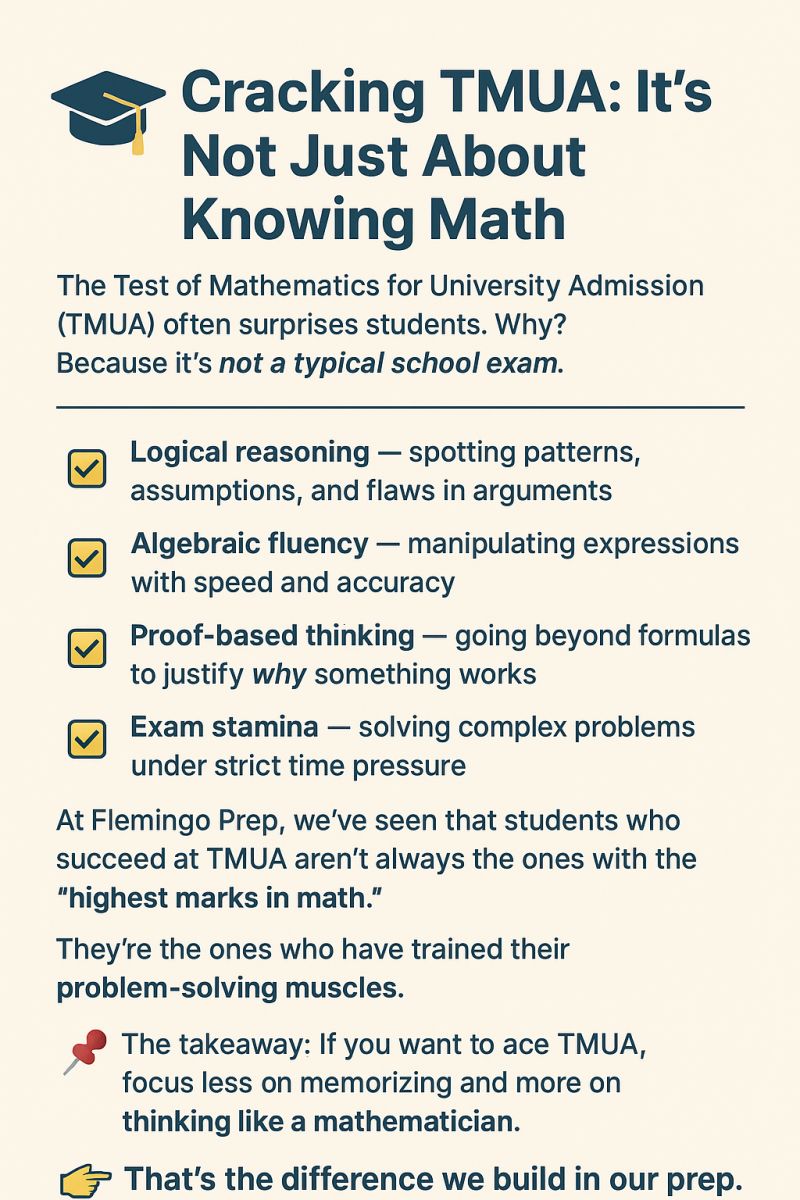flemingoprep's tweet photo. Cracking TMUA: It’s Not Just About Knowing Math .
The Test of Mathematics for University Admission (TMUA) often surprises students. Why? Because it’s not a typical school exam.
Think Future : Thing Flemingo Prep
#TMUA #flemingoprep #Mathematics #UniversityAdmissions #Critical https://t.co/pIr7CBAPUF