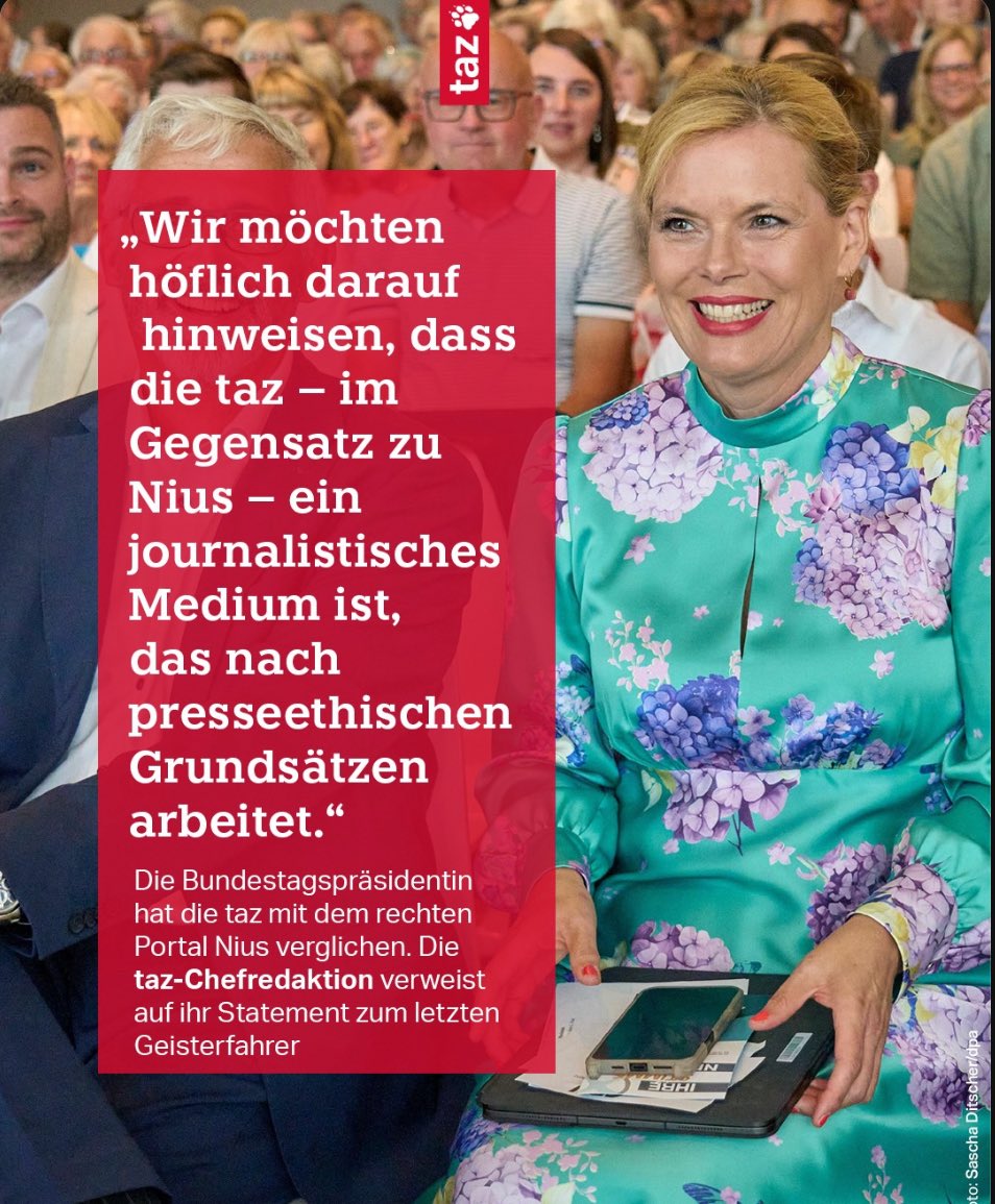 Wenn selbst die Bundestagspräsidentin die taz mit dem Hetzer-Portal Nius vergleicht, zeigt das, wie sehr sich der Diskurs verschoben hat. Da wird ein rechtsextremes Desinformationsprojekt, das permanent mit Fake News, Stimmungsmache und Verschwörungsnarrativen arbeitet, plötzlich